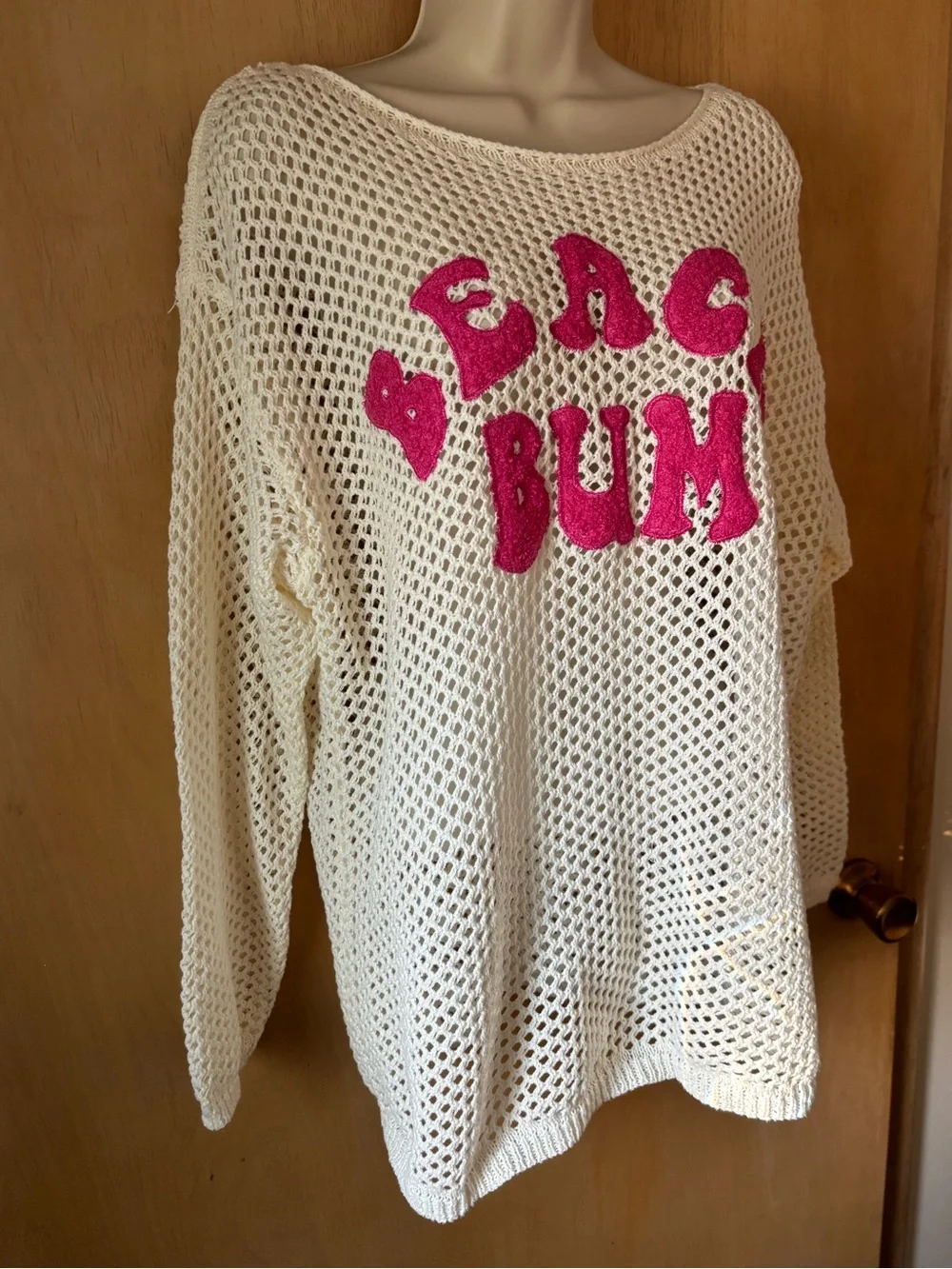 BiBi Cream Open Crochet Long Sleeve Swimsuit Coverup Hot Pink Beach Bum Size L